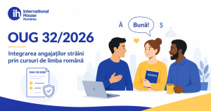 Ilustrație despre OUG 32/2026, integrarea angajaților străini și cursuri de limba română pentru companii în România.