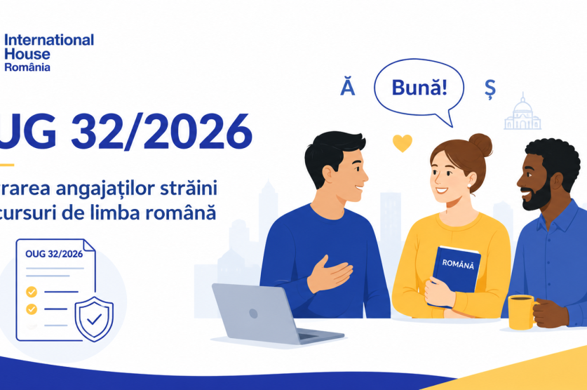 Ilustrație despre OUG 32/2026, integrarea angajaților străini și cursuri de limba română pentru companii în România.