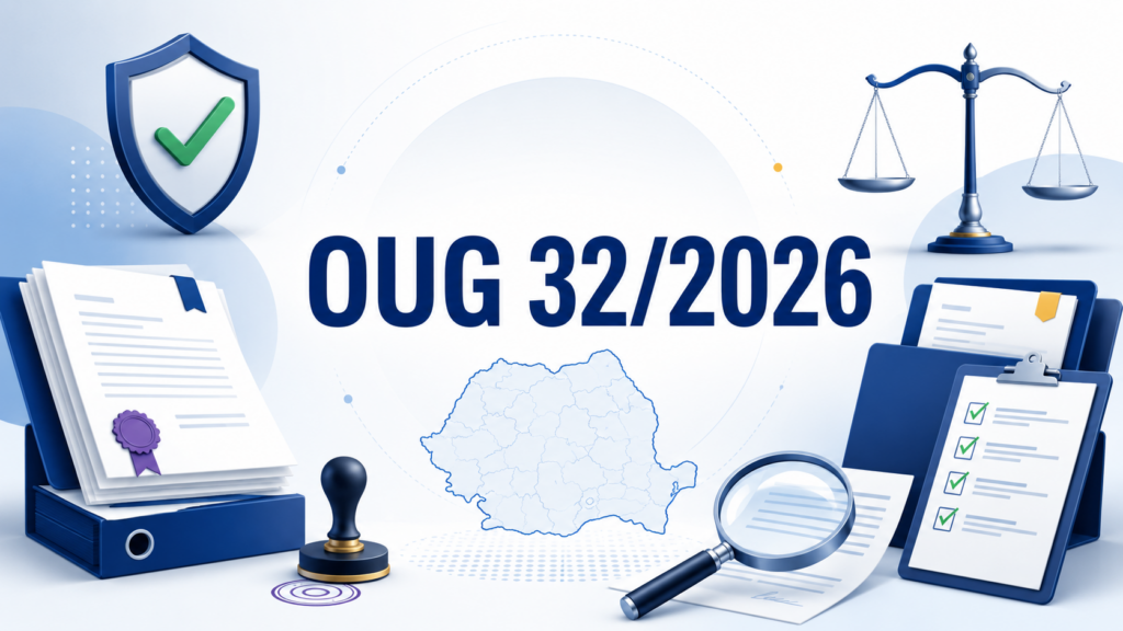 OUG 32/2026 privind angajarea lucrătorilor străini, ilustrată prin documente, checklist de compliance, balanță juridică și harta României.