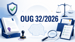 OUG 32/2026 privind angajarea lucrătorilor străini, ilustrată prin documente, checklist de compliance, balanță juridică și harta României.