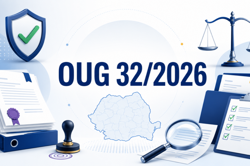OUG 32/2026 privind angajarea lucrătorilor străini, ilustrată prin documente, checklist de compliance, balanță juridică și harta României.